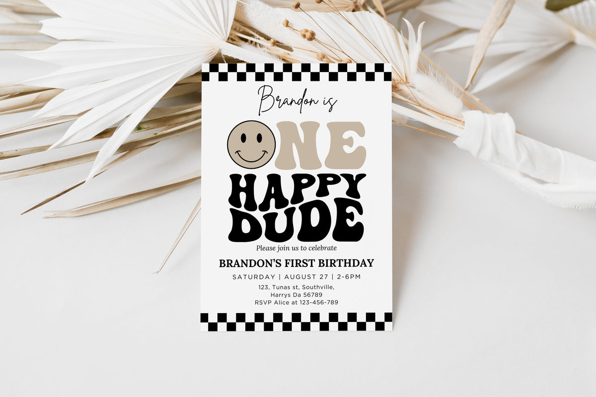 One Happy Dude Invitation Template, Printable 1st Birthday Invitation, Editable 1st Birthday Boy Invite, One Cool Dude Baby Neutral Smiley Face 0638
