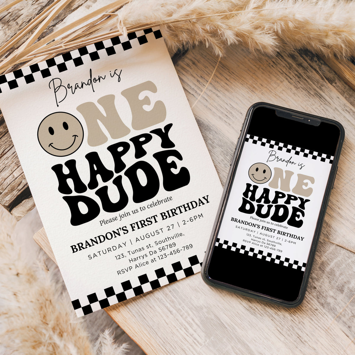 One Happy Dude Invitation Template, Printable 1st Birthday Invitation, Editable 1st Birthday Boy Invite, One Cool Dude Baby Neutral Smiley Face 0638