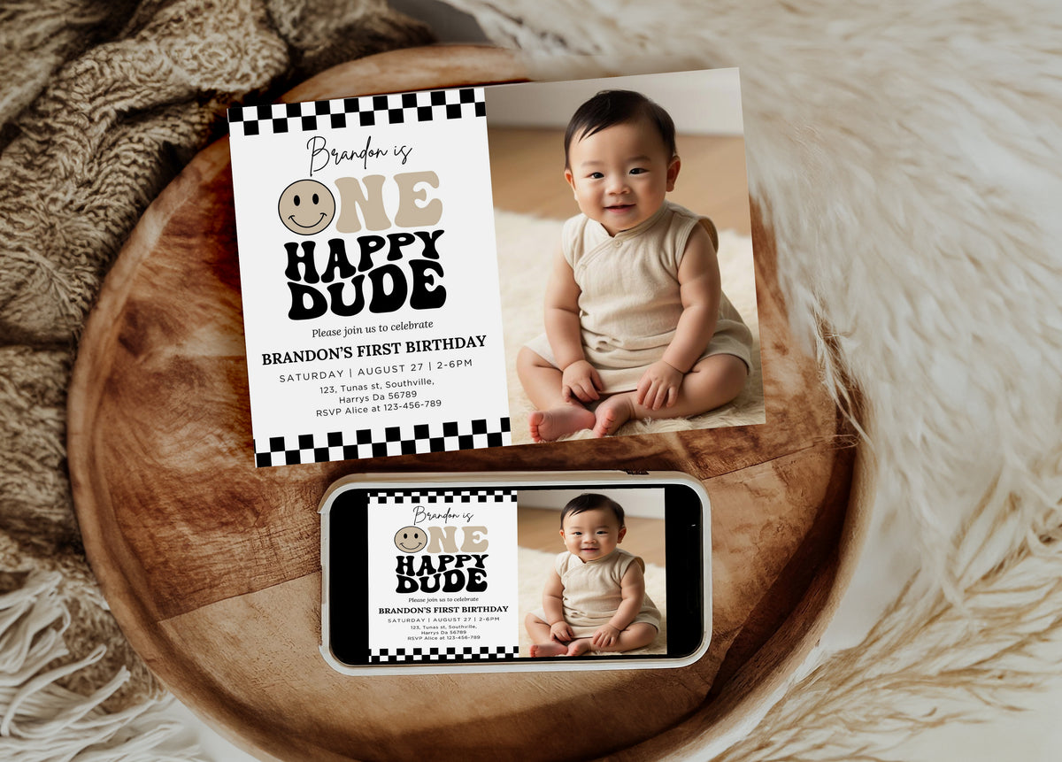 One Happy Dude Birthday Invitation Digital, Editable Birthday Invitation One Happy Dude invite Boys first birthday invitation, Evite, 0638