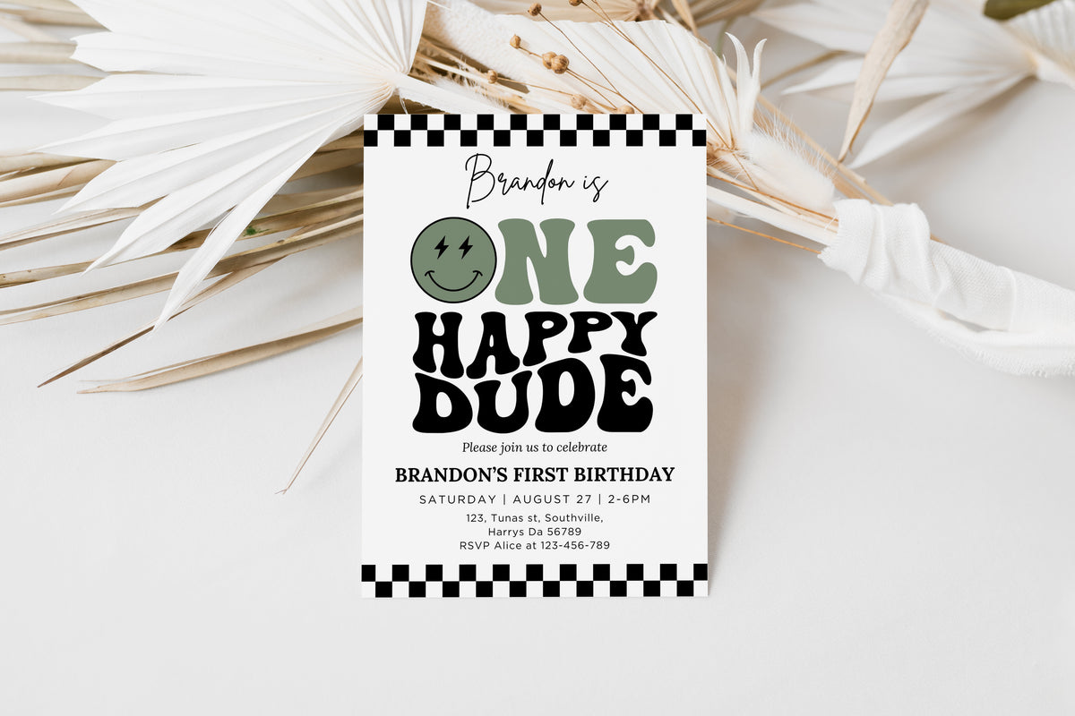 One Happy Dude Invitation Template, Printable 1st Birthday Invitation, Editable 1st Birthday Boy Invite, One Cool Dude Baby Sage Green Smiley Face 0540