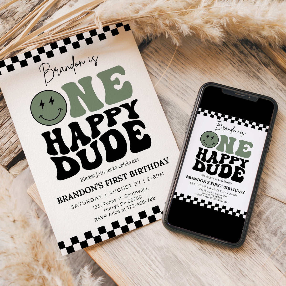 One Happy Dude Invitation Template, Printable 1st Birthday Invitation, Editable 1st Birthday Boy Invite, One Cool Dude Baby Sage Green Smiley Face 0540