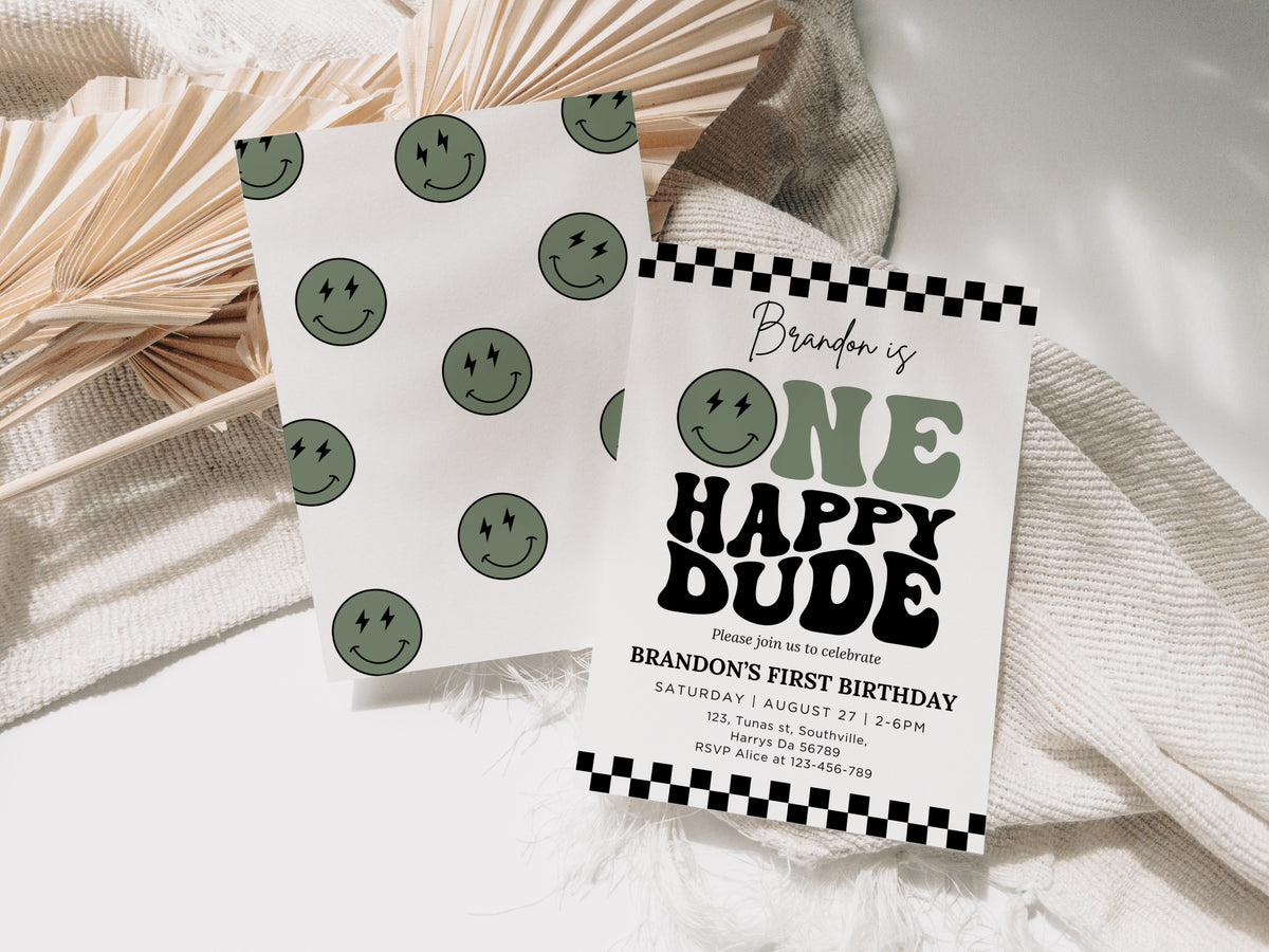 One Happy Dude Invitation Template, Printable 1st Birthday Invitation, Editable 1st Birthday Boy Invite, One Cool Dude Baby Sage Green Smiley Face 0540