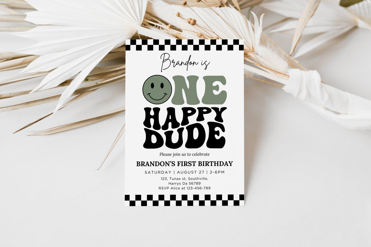 One Happy Dude Invitation Template, Printable 1st Birthday Invitation, Editable 1st Birthday Boy Invite, One Cool Dude Baby Sage Green Smiley Face 0635