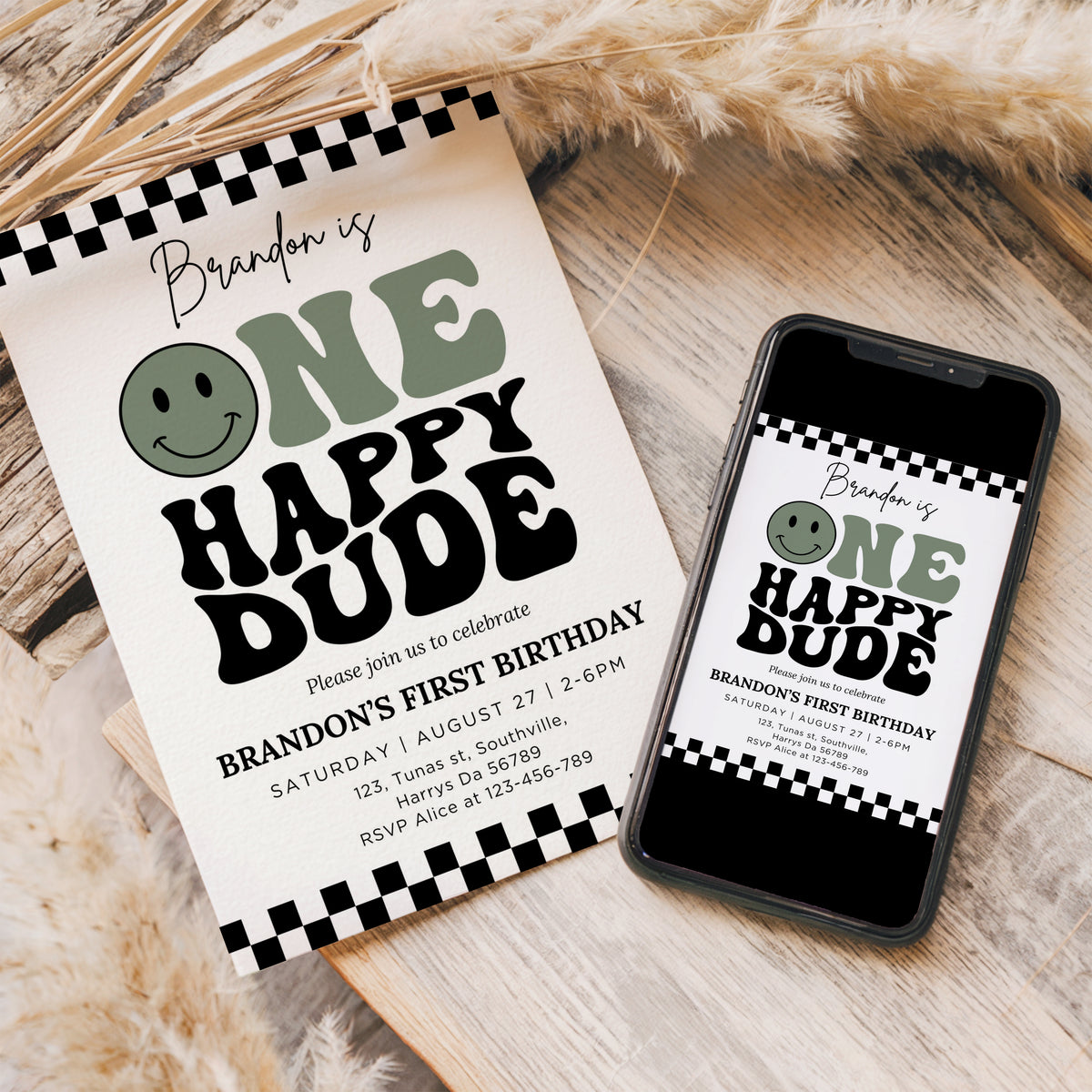 One Happy Dude Invitation Template, Printable 1st Birthday Invitation, Editable 1st Birthday Boy Invite, One Cool Dude Baby Sage Green Smiley Face 0635