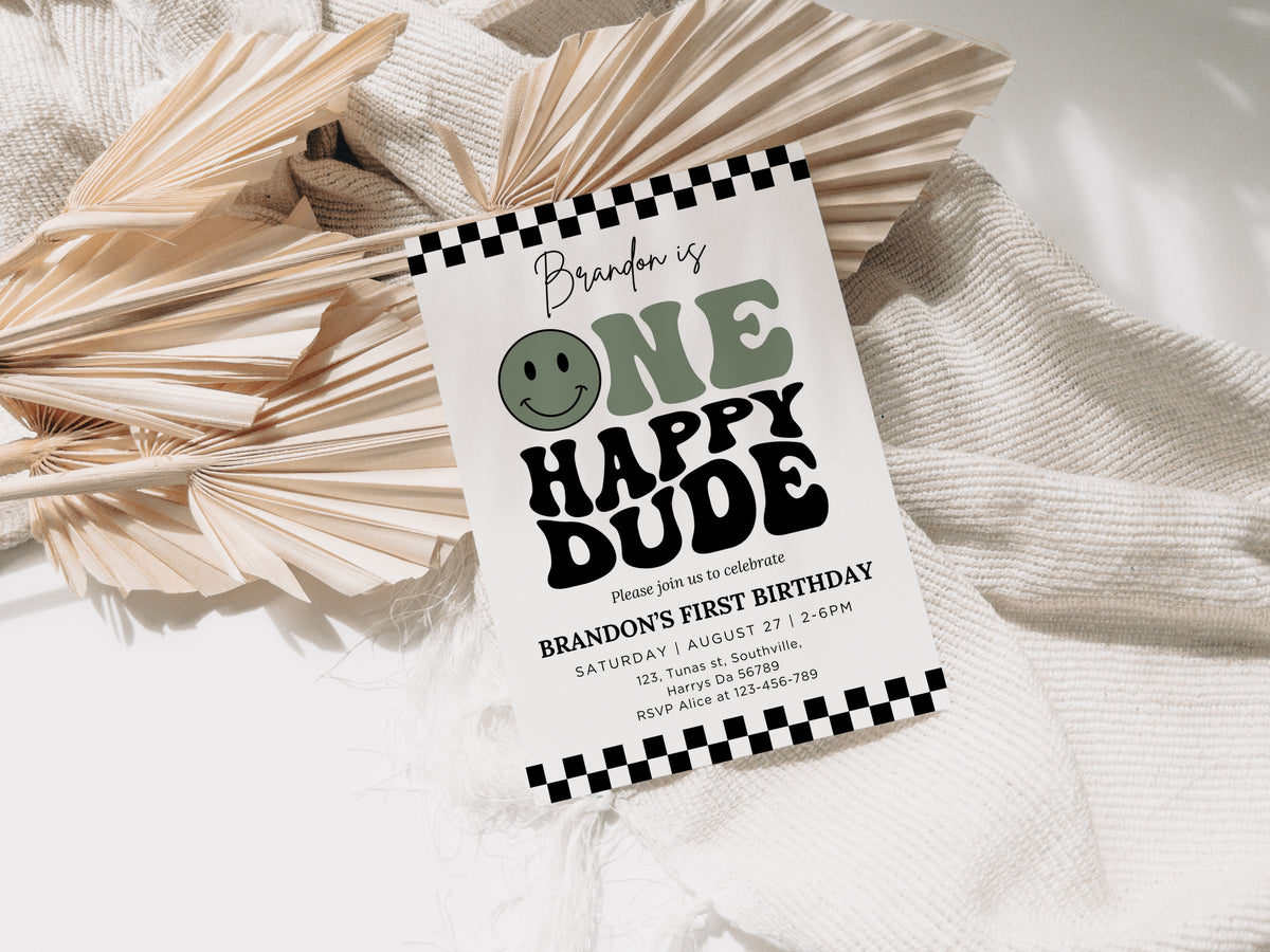 One Happy Dude Invitation Template, Printable 1st Birthday Invitation, Editable 1st Birthday Boy Invite, One Cool Dude Baby Sage Green Smiley Face 0635