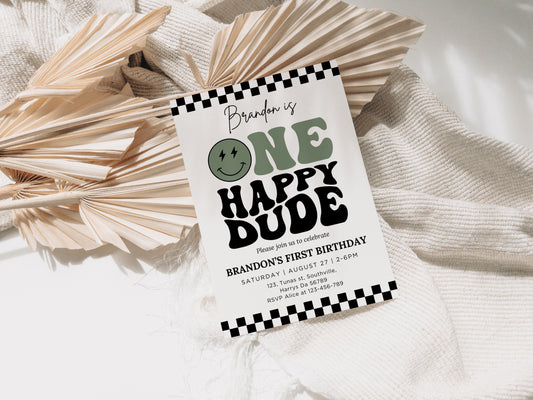 One Happy Dude Invitation Template, Printable 1st Birthday Invitation, Editable 1st Birthday Boy Invite, One Cool Dude Baby Sage Green Smiley Face 0540