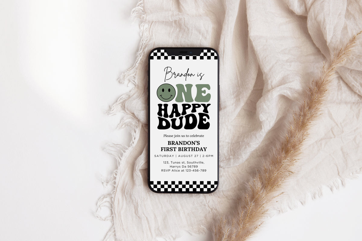 One Happy Dude First Birthday Invitation, Editable Retro Cool Boy1st Birthday Invite Minimal Sage Green Happy Smile Face Party Evite 0635