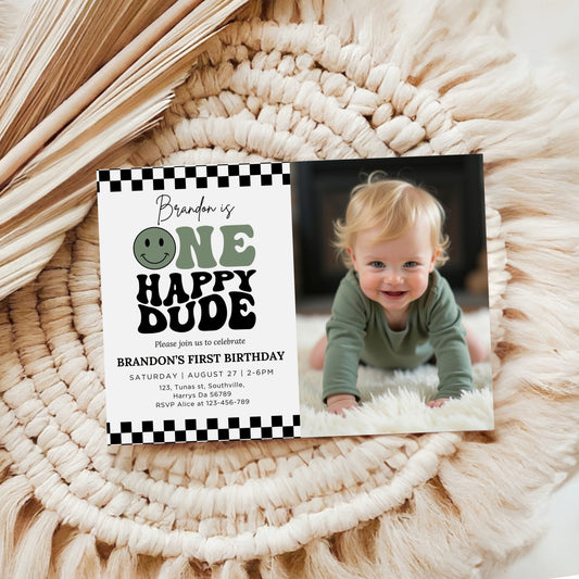 One Happy Dude Birthday Sage Green Invitation Digital, Editable Birthday Invitation One Happy Dude invite Boys Sage Green first birthday invitation, Evite, 0635