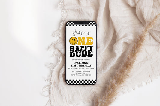 Text invitation one happy dude, One happy dude Party evite digital, smile face boy 1st birthday phone invitation template retro happy dude 0409