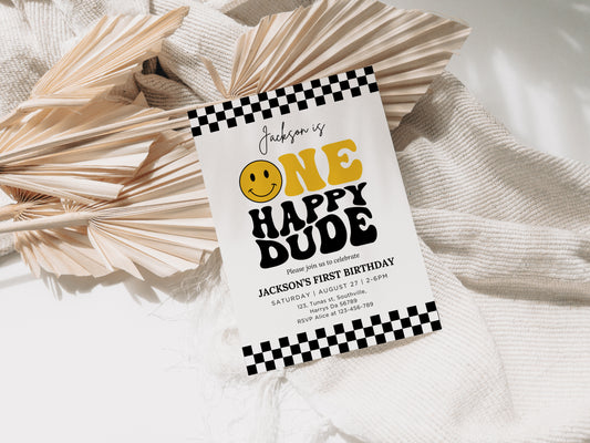 One Happy Dude Birthday Invitation Template, Printable Invitation, Editable Retro One Happy Dude First Birthday Party Invite, Evite Digital 0636