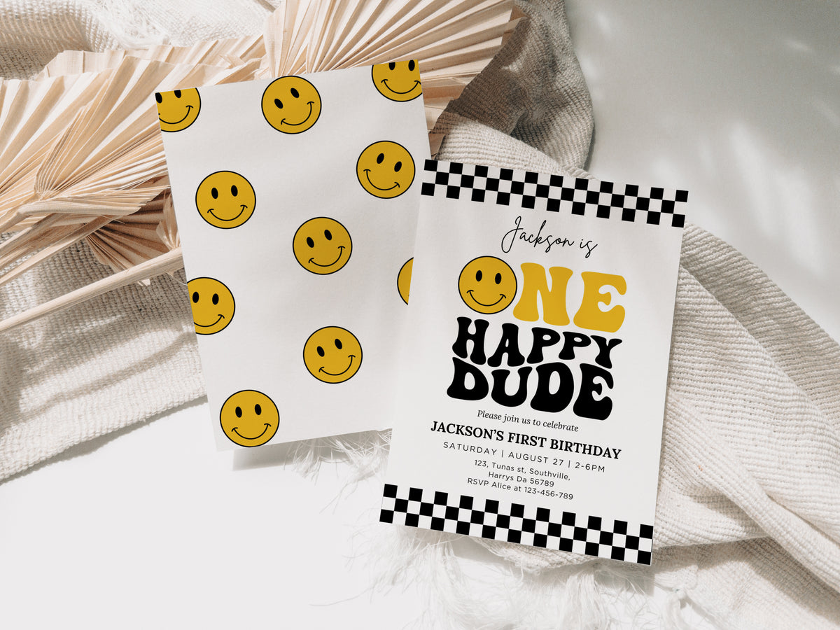 One Happy Dude Birthday Invitation Template, Printable Invitation, Editable Retro One Happy Dude First Birthday Party Invite, Evite Digital 0636