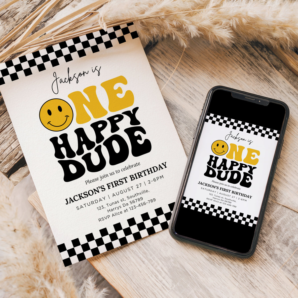 One Happy Dude Birthday Invitation Template, Printable Invitation, Editable Retro One Happy Dude First Birthday Party Invite, Evite Digital 0636