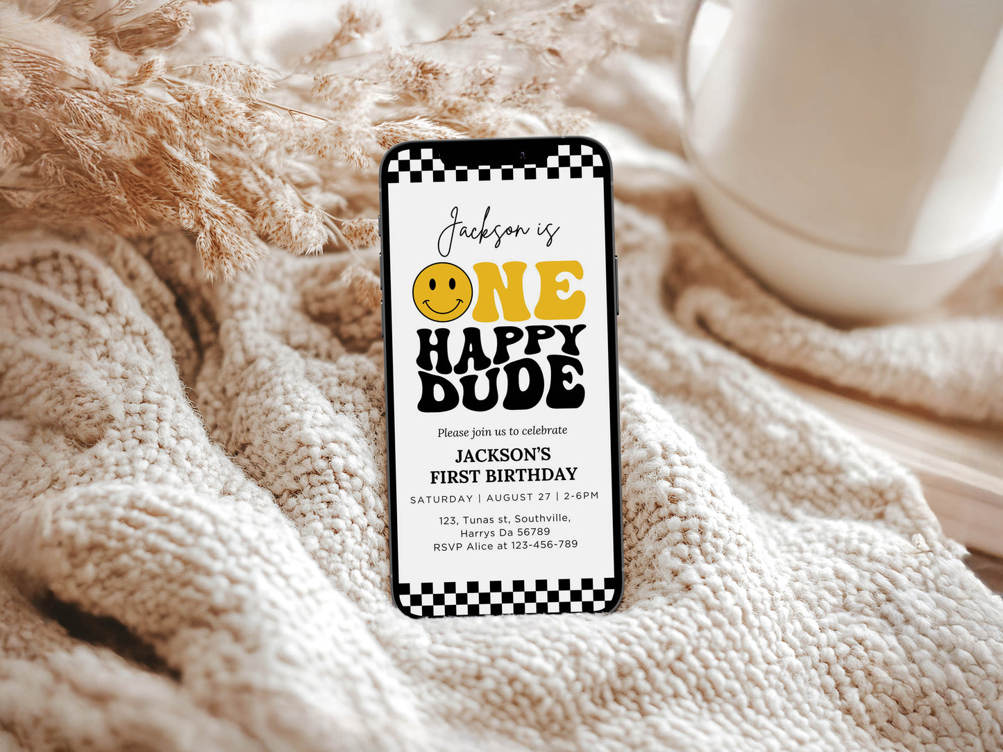 Text invitation one happy dude, One happy dude Party evite digital, smile face boy 1st birthday phone invitation template retro happy dude 0409