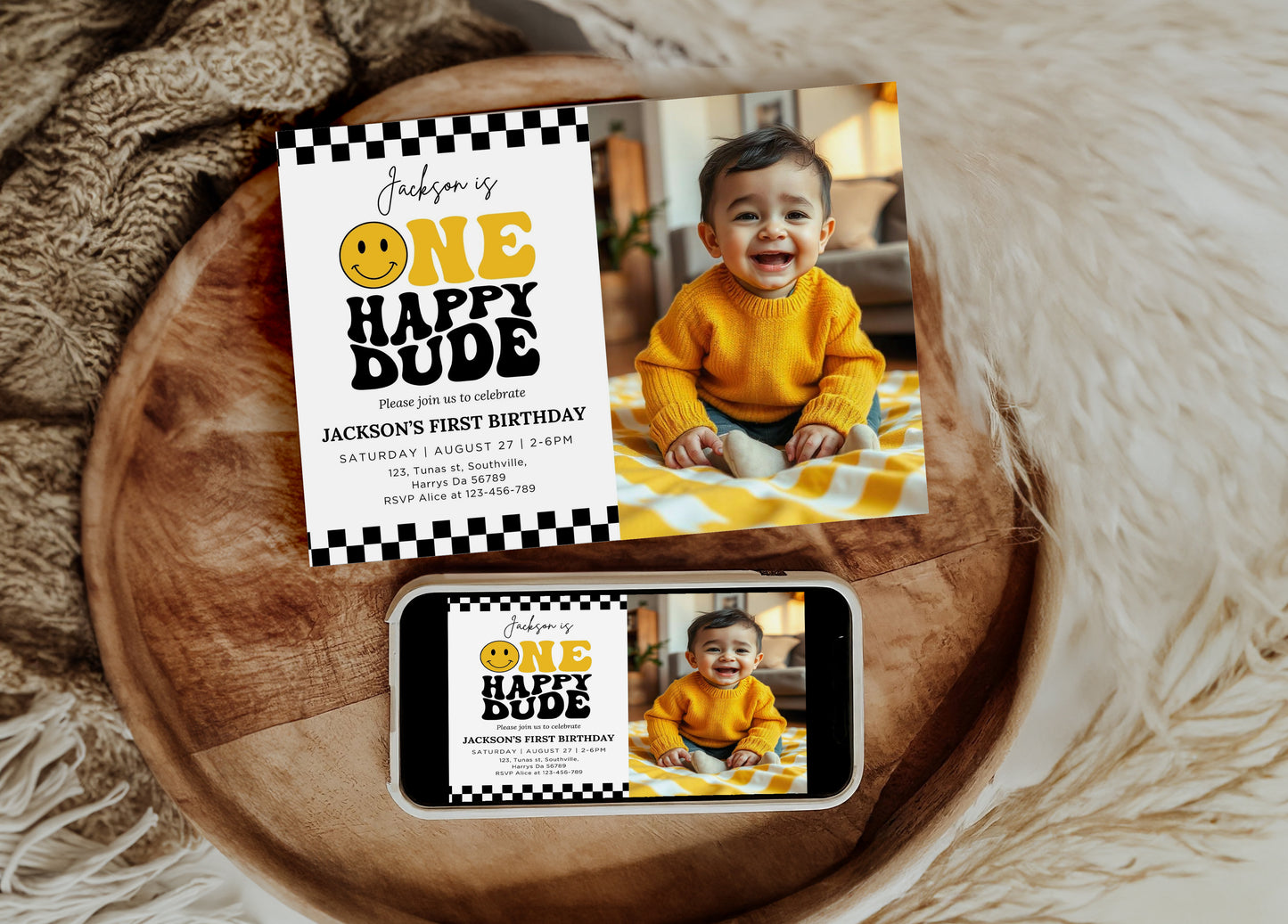 One Happy Dude Yellow Birthday Invitation Photo One Happy Dude Yellow Editable Birthday Invite One Happy Dude Yellow Evite Boys first birthday invitation 0636