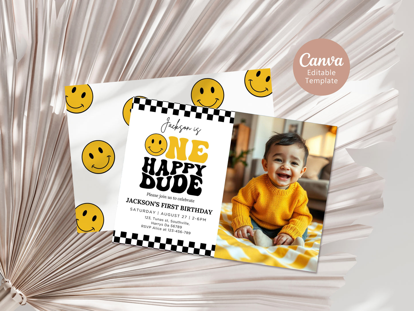 One Happy Dude Yellow Birthday Invitation Photo One Happy Dude Yellow Editable Birthday Invite One Happy Dude Yellow Evite Boys first birthday invitation 0636