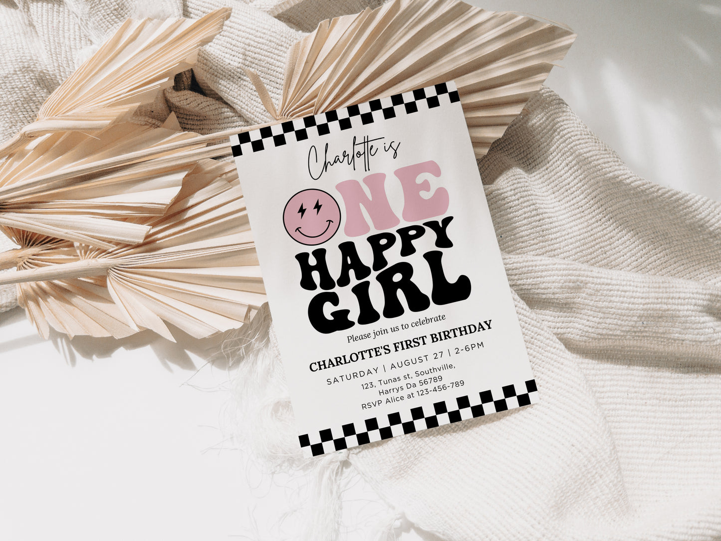 One Happy Girl Invitation Template, Printable 1st Birthday Invitation, Editable 1st Birthday Girl Invite, One Cool Girl Pink Smiley Face 0410