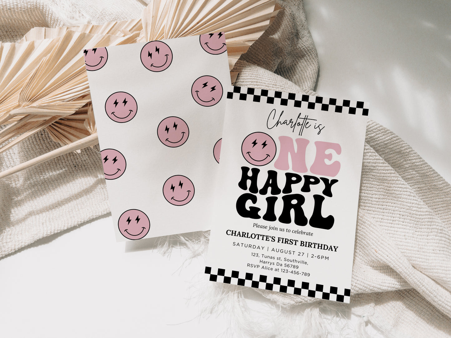 One Happy Girl Invitation Template, Printable 1st Birthday Invitation, Editable 1st Birthday Girl Invite, One Cool Girl Pink Smiley Face 0410