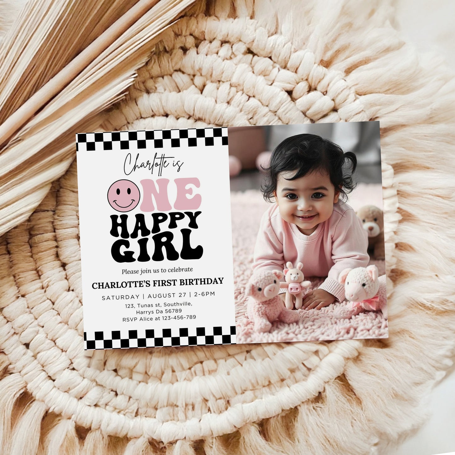 Editable ONE Happy Girl Birthday Invitation in Pink, One Happy Girl Birthday Photo Invite Girls First Birthday Idea ONE Happy Girl Party 0640