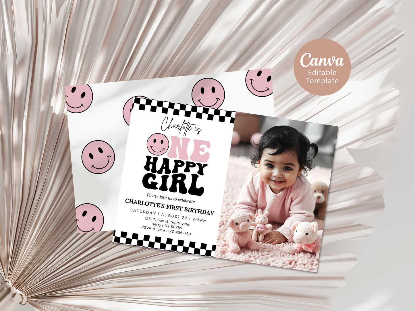 Editable ONE Happy Girl Birthday Invitation in Pink, One Happy Girl Birthday Photo Invite Girls First Birthday Idea ONE Happy Girl Party 0640