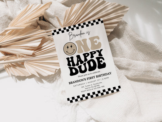 One Happy Dude Invitation Template, Printable 1st Birthday Invitation, Editable 1st Birthday Boy Invite, One Cool Dude Baby Neutral Smiley Face 0515
