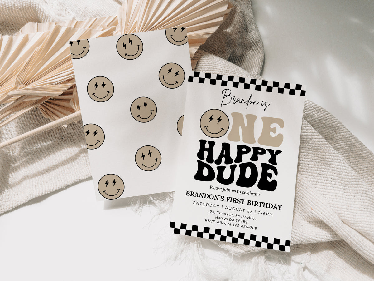 One Happy Dude Invitation Template, Printable 1st Birthday Invitation, Editable 1st Birthday Boy Invite, One Cool Dude Baby Neutral Smiley Face 0515