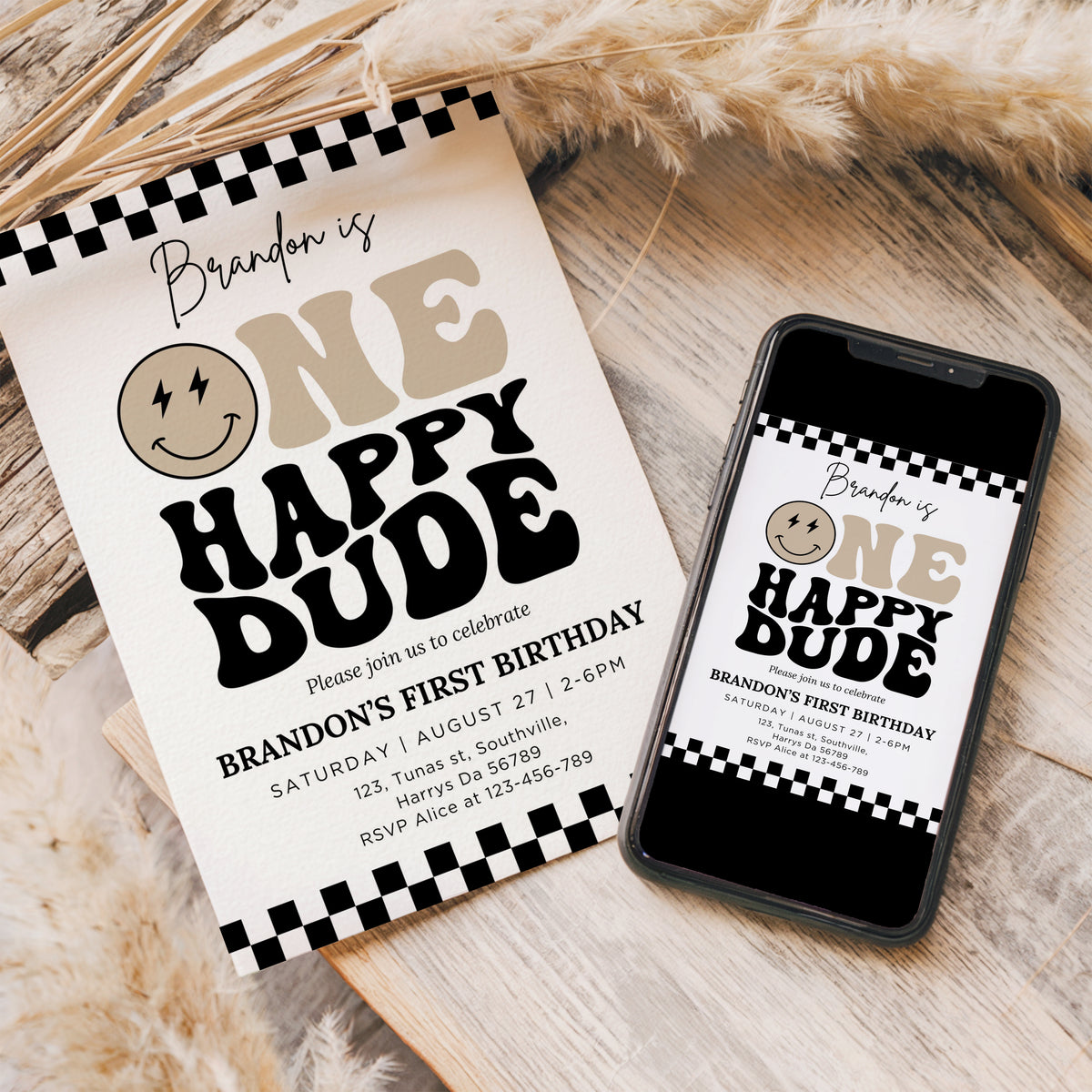 One Happy Dude Invitation Template, Printable 1st Birthday Invitation, Editable 1st Birthday Boy Invite, One Cool Dude Baby Neutral Smiley Face 0515