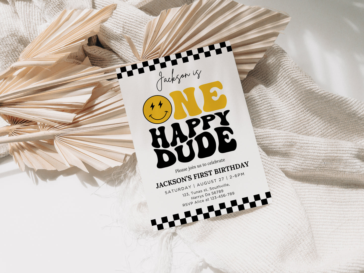 One Happy Dude Birthday Invitation Template, Printable Invitation, Editable Retro One Happy Dude First Birthday Party Invite, Evite Digital 0409