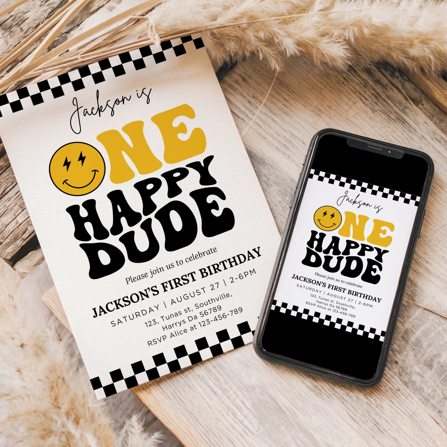 One Happy Dude Birthday Invitation Template, Printable Invitation, Editable Retro One Happy Dude First Birthday Party Invite, Evite Digital 0409