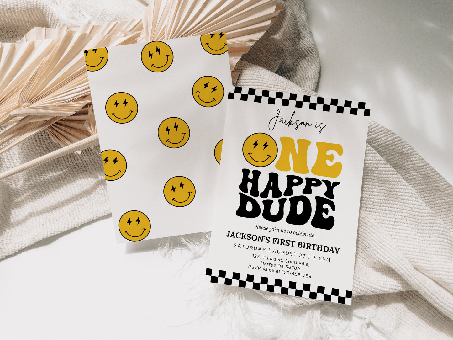 One Happy Dude Birthday Invitation Template, Printable Invitation, Editable Retro One Happy Dude First Birthday Party Invite, Evite Digital 0409