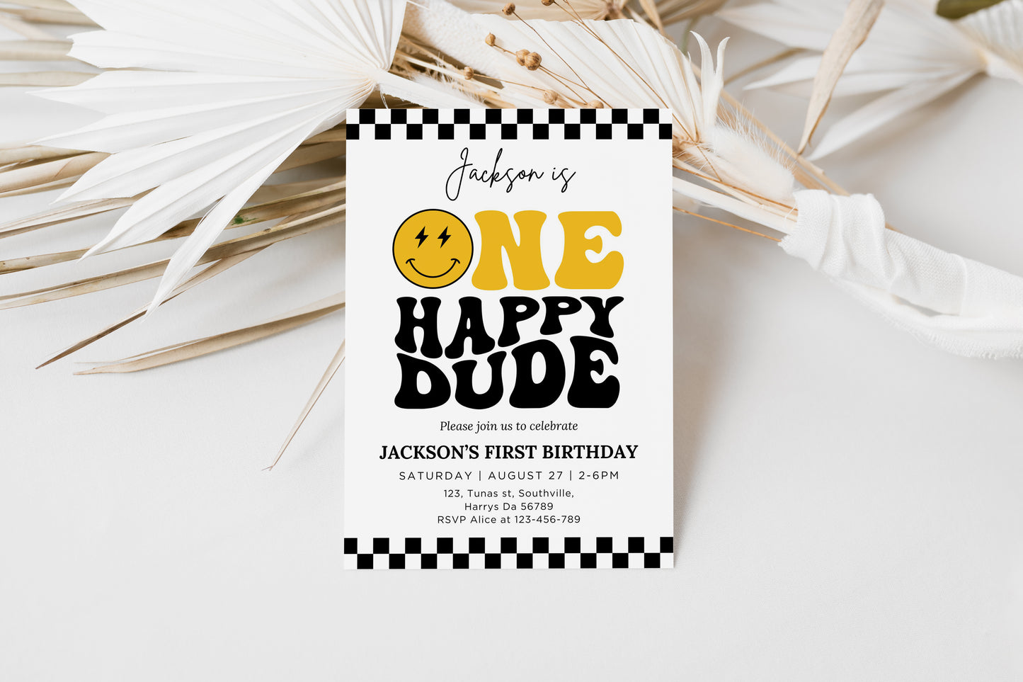 One Happy Dude Birthday Invitation Template, Printable Invitation, Editable Retro One Happy Dude First Birthday Party Invite, Evite Digital 0409