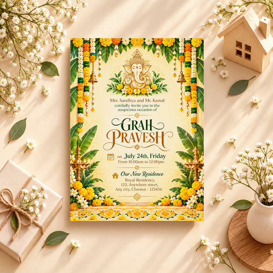 Festive Ganesha Floral Housewarming Invitation | Digital & Printed