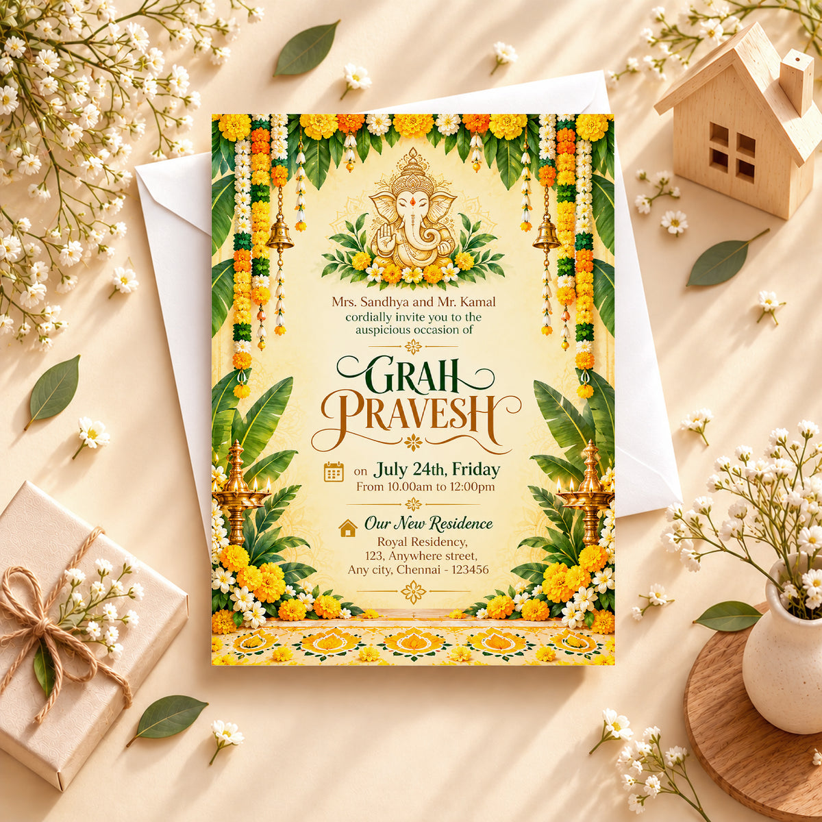 Festive Ganesha Floral Housewarming Invitation | Digital & Printed