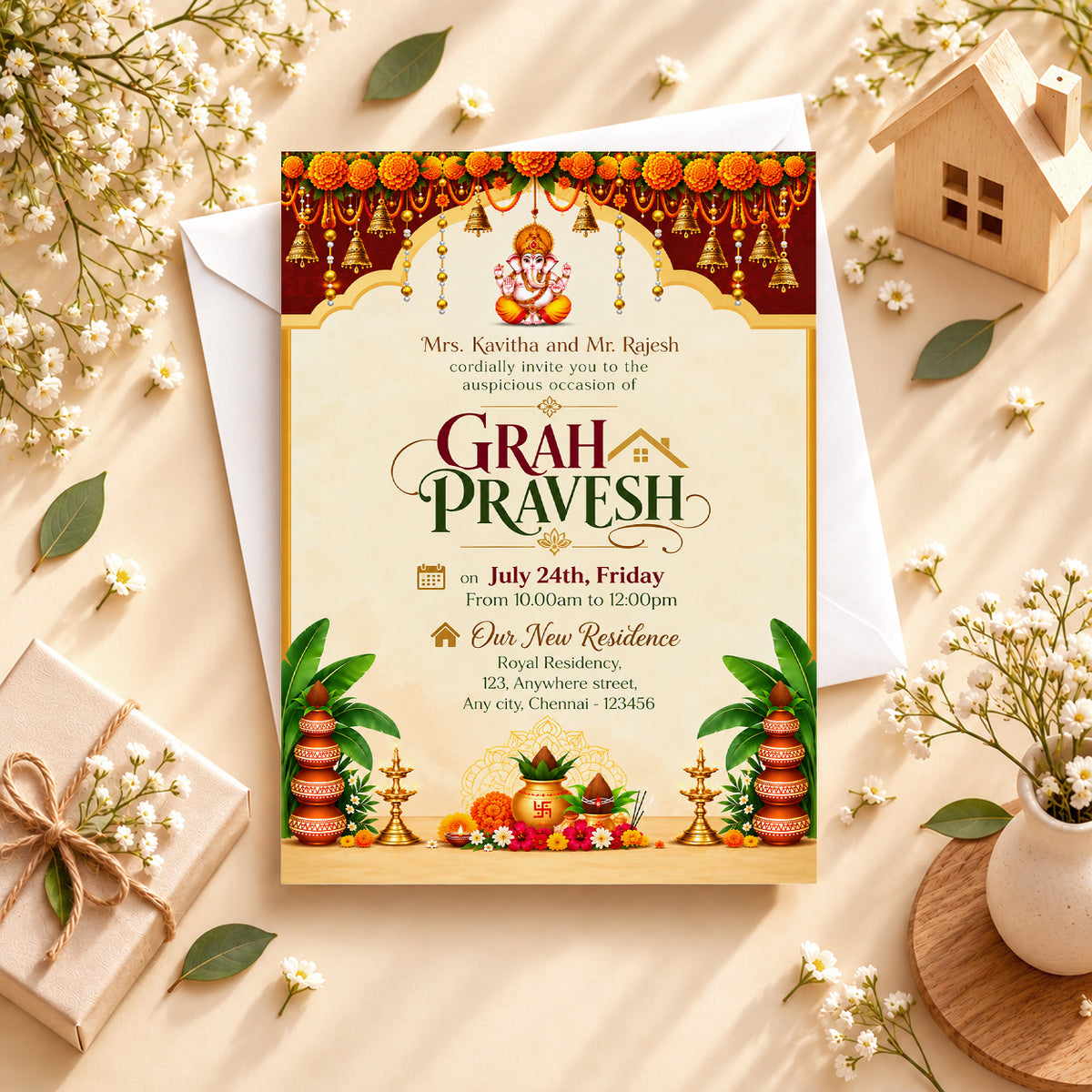 Ornate Ganesha Housewarming Invitation | Digital & Printed