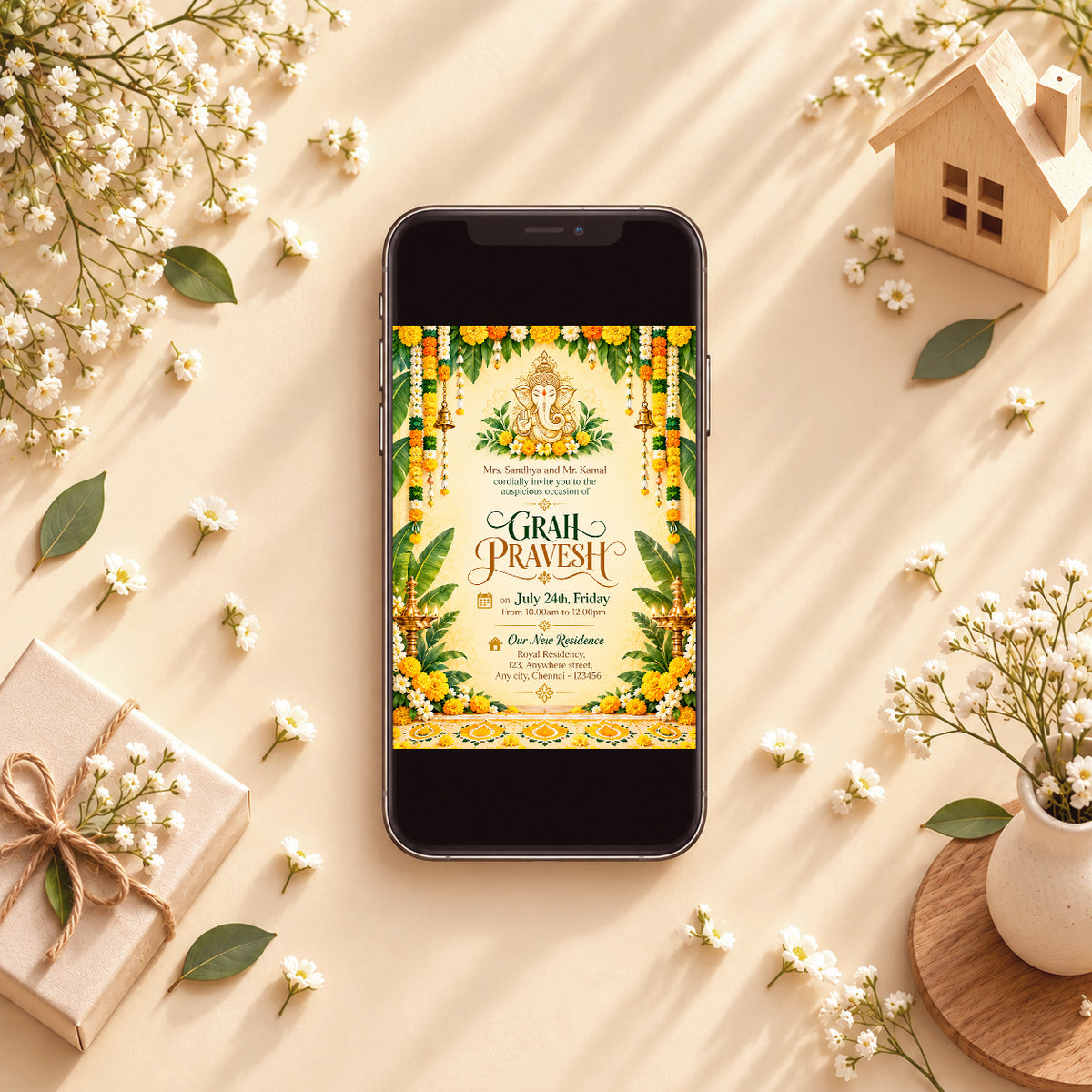 Festive Ganesha Floral Housewarming Invitation | Digital & Printed