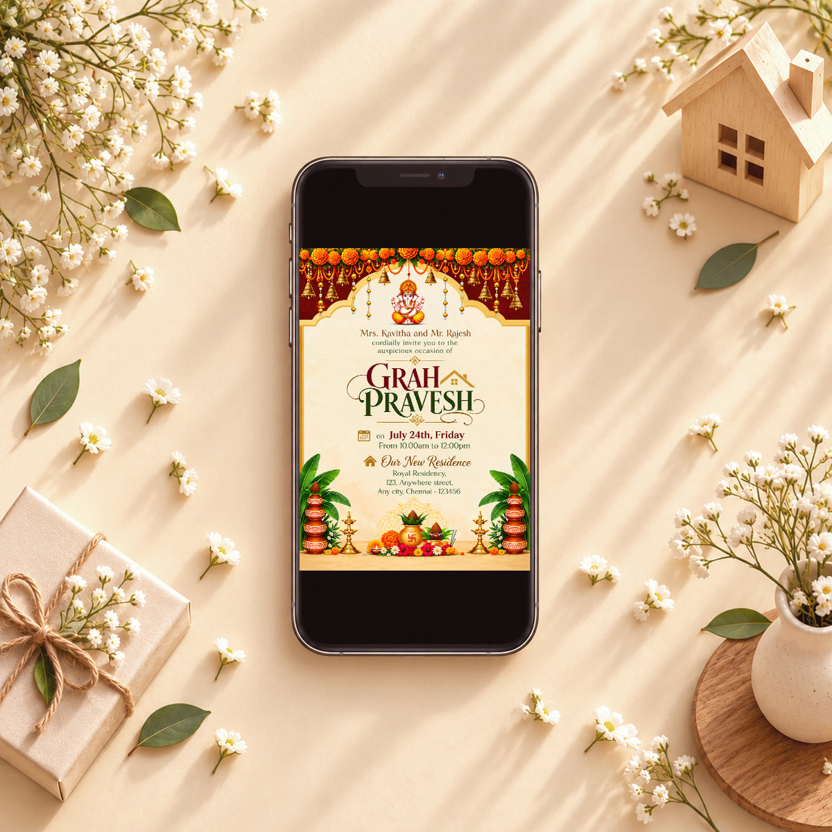 Ornate Ganesha Housewarming Invitation | Digital & Printed