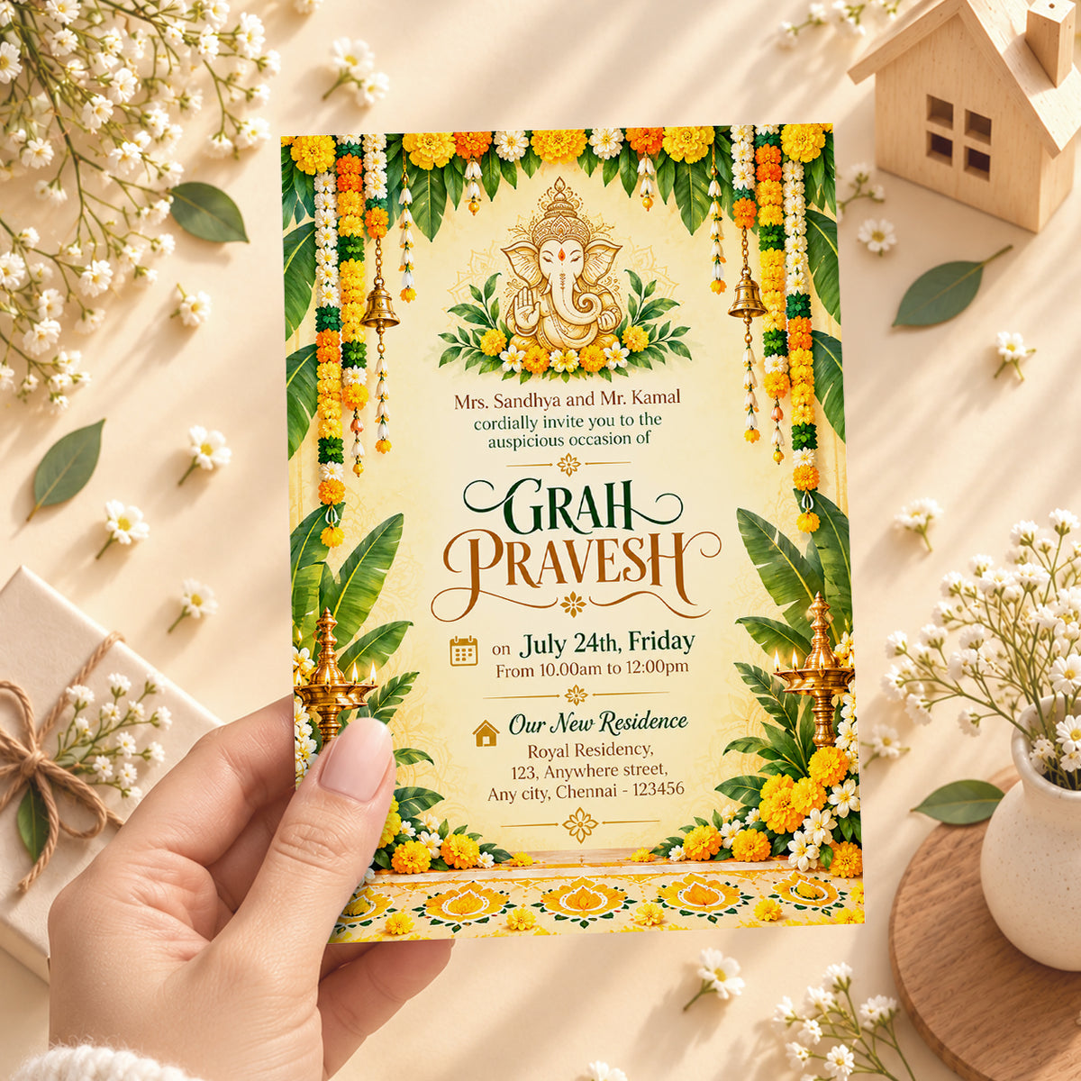 Festive Ganesha Floral Housewarming Invitation | Digital & Printed