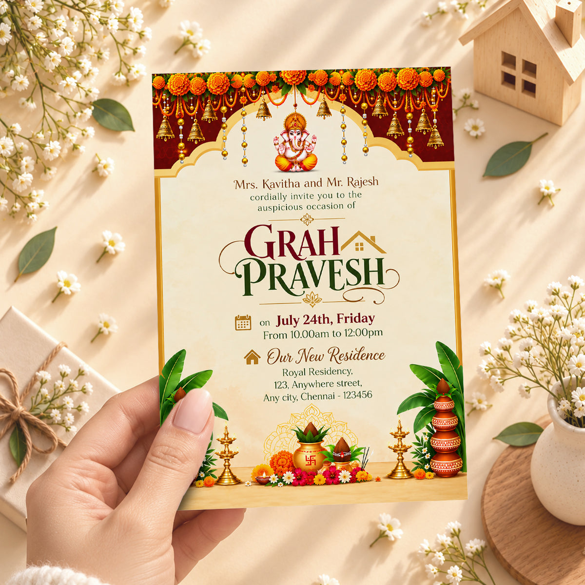Ornate Ganesha Housewarming Invitation | Digital & Printed