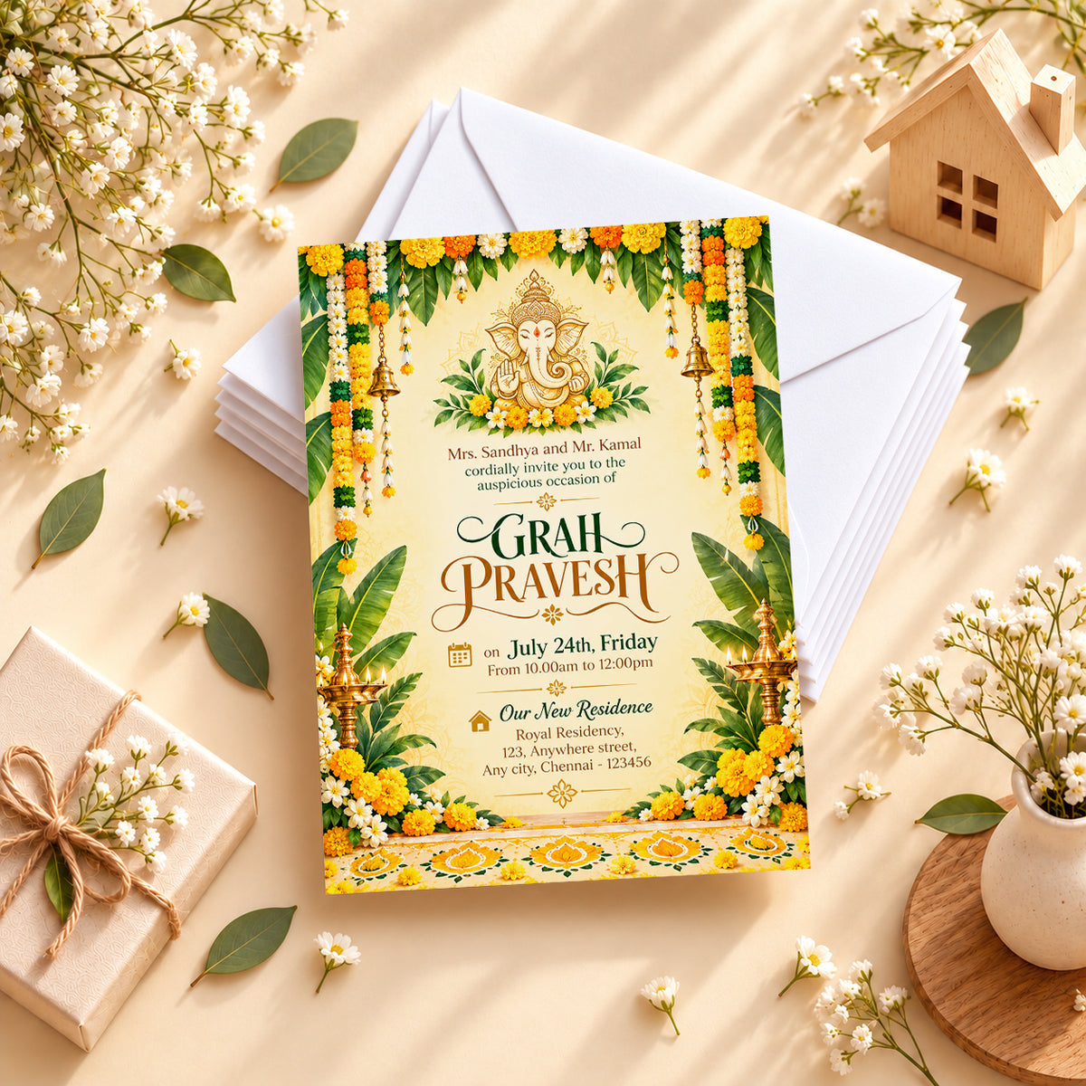 Festive Ganesha Floral Housewarming Invitation | Digital & Printed