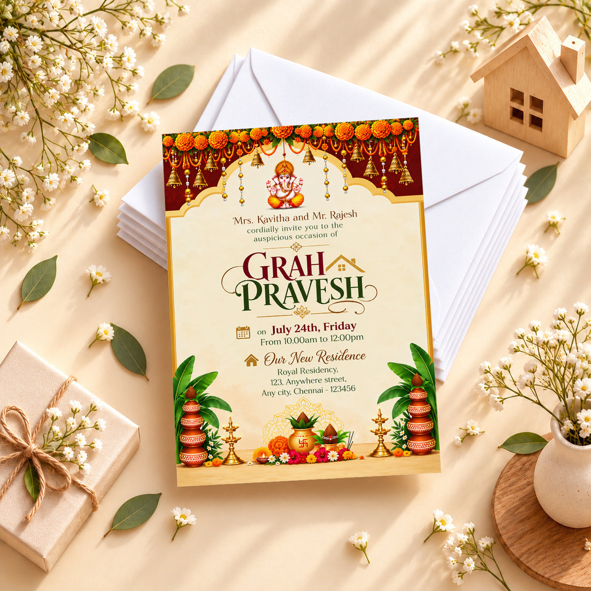 Ornate Ganesha Housewarming Invitation | Digital & Printed