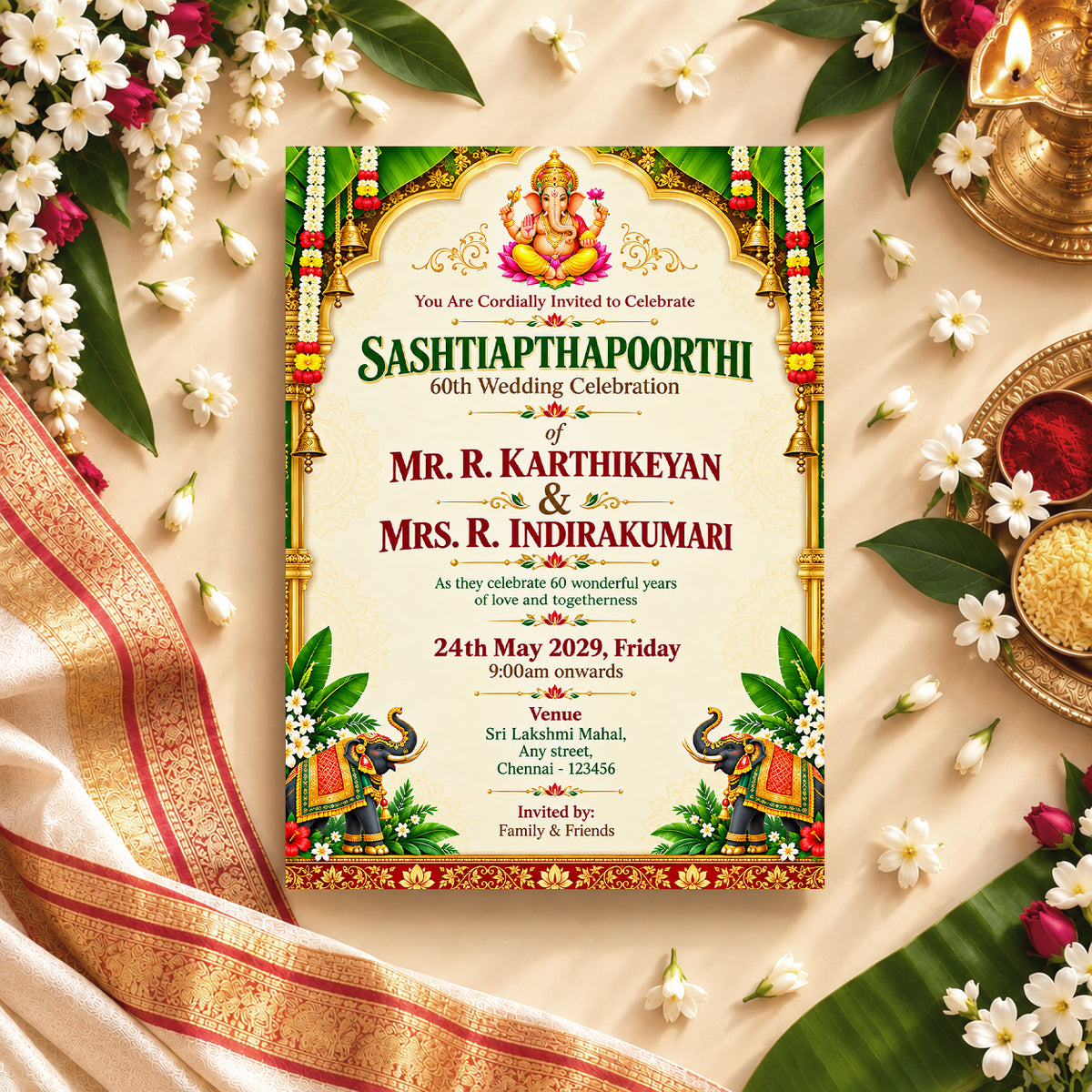 Ornate Ganesha Temple 60th Wedding Anniversary Invitation | Digital & Printed