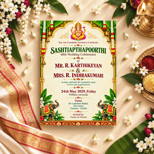 Ornate Ganesha Temple 60th Wedding Anniversary Invitation | Digital & Printed