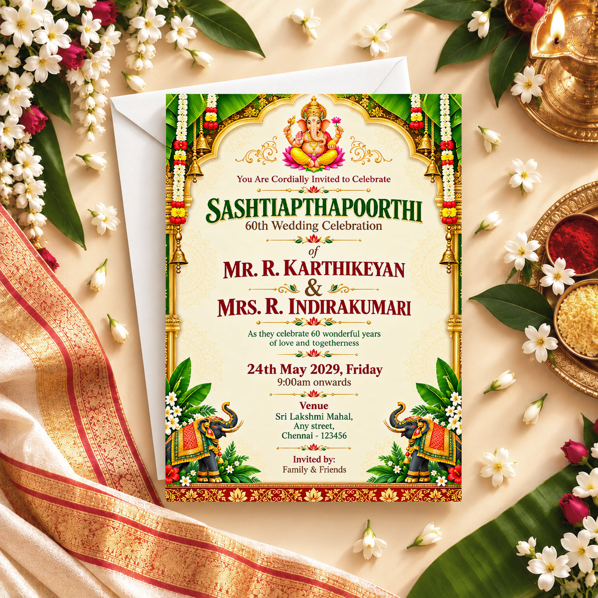 Ornate Ganesha Temple 60th Wedding Anniversary Invitation | Digital & Printed