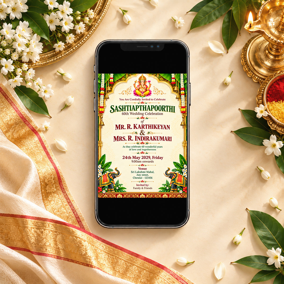Ornate Ganesha Temple 60th Wedding Anniversary Invitation | Digital & Printed