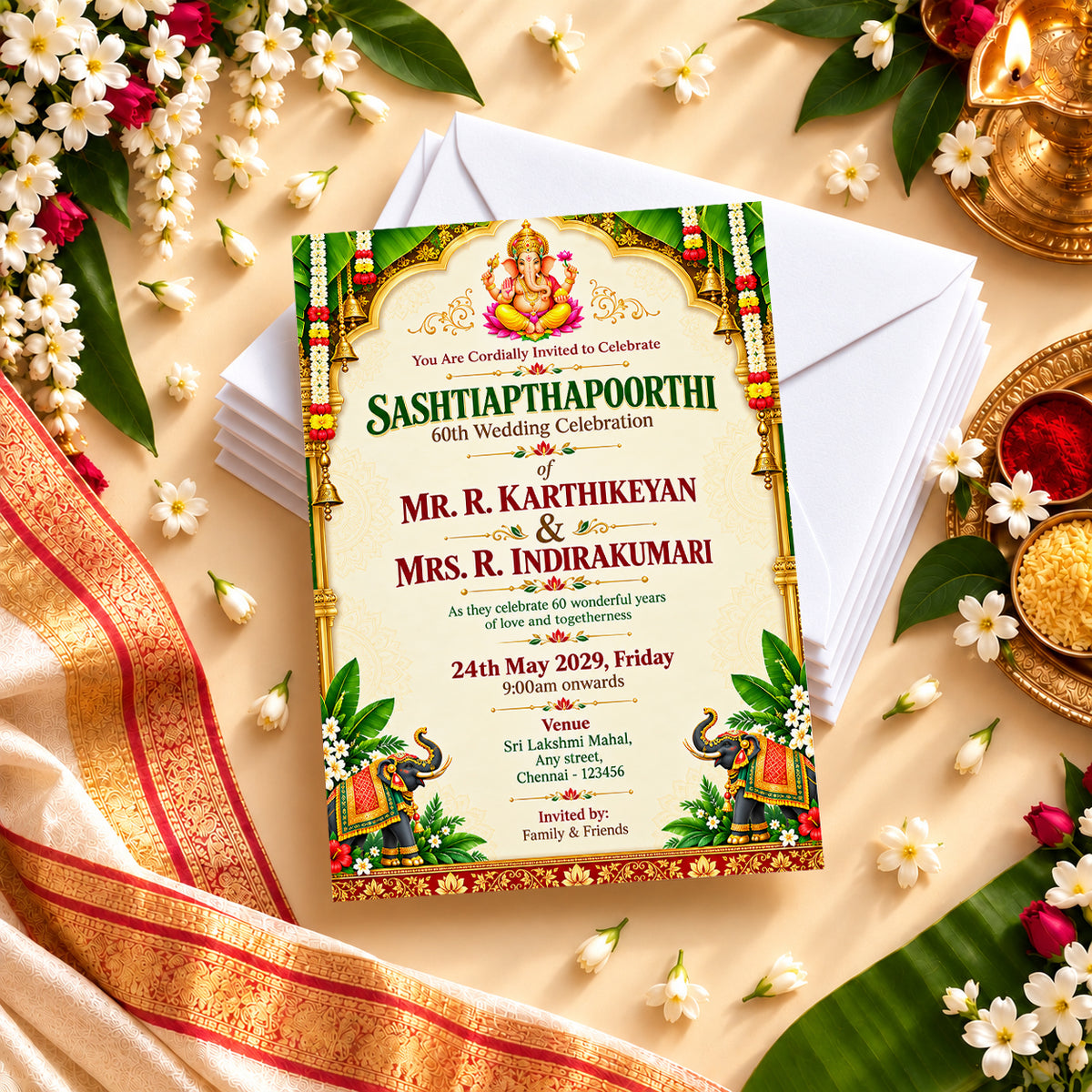 Ornate Ganesha Temple 60th Wedding Anniversary Invitation | Digital & Printed