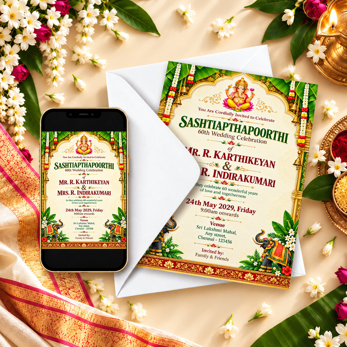 Ornate Ganesha Temple 60th Wedding Anniversary Invitation | Digital & Printed