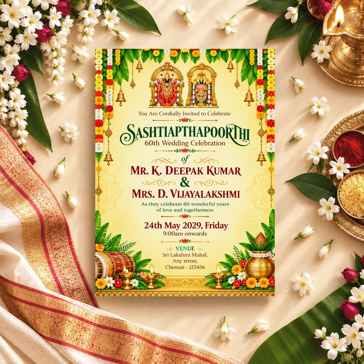 Ornate Hindu 60th Wedding Anniversary Invitation | Sashtiapthapoorthi