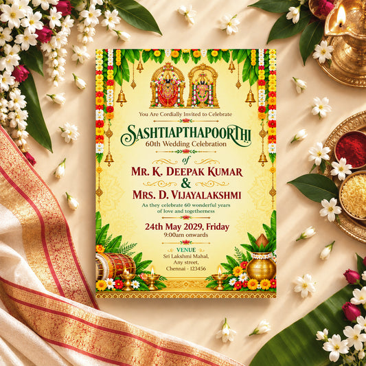 Ornate Hindu 60th Wedding Anniversary Invitation | Sashtiapthapoorthi