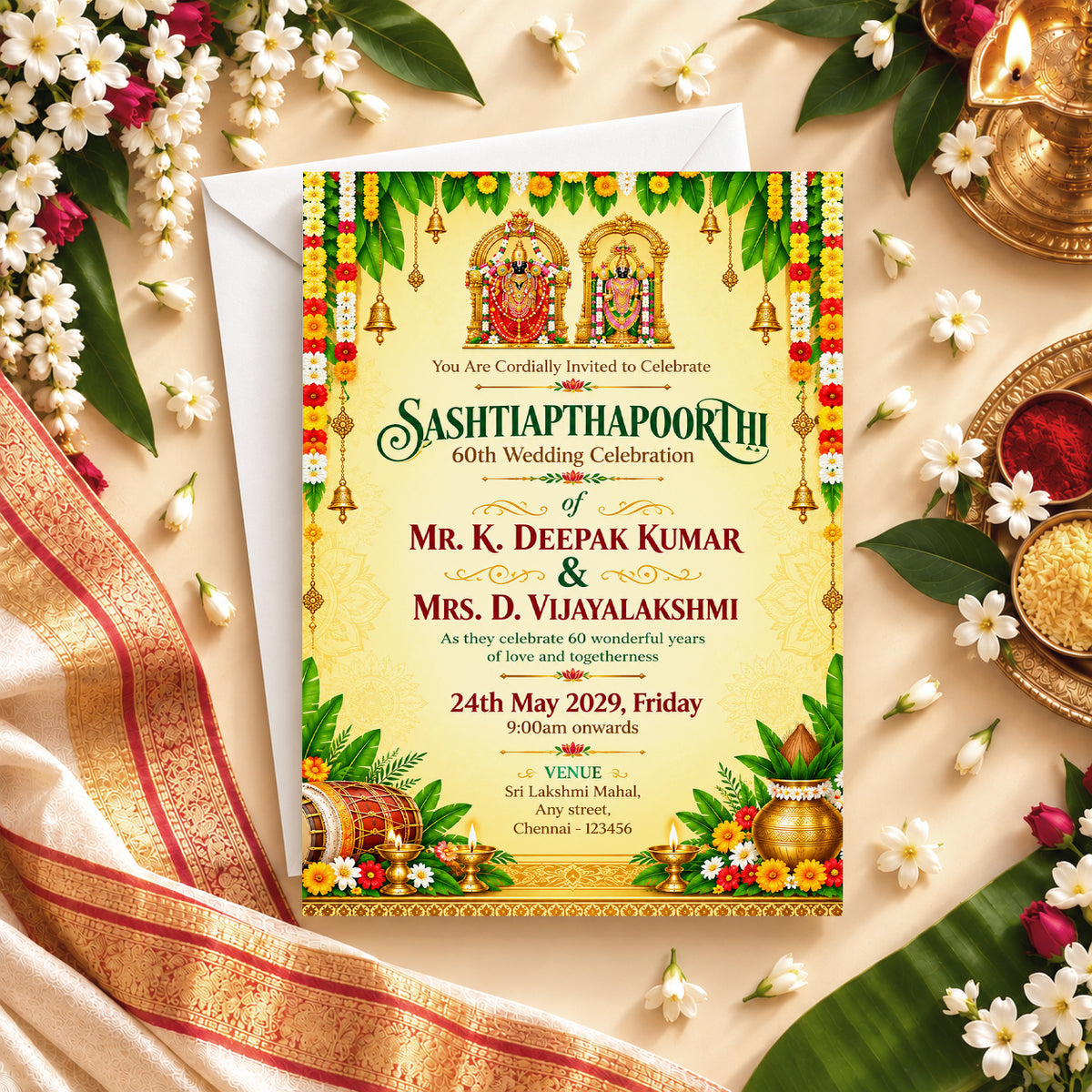 Ornate Hindu 60th Wedding Anniversary Invitation | Sashtiapthapoorthi
