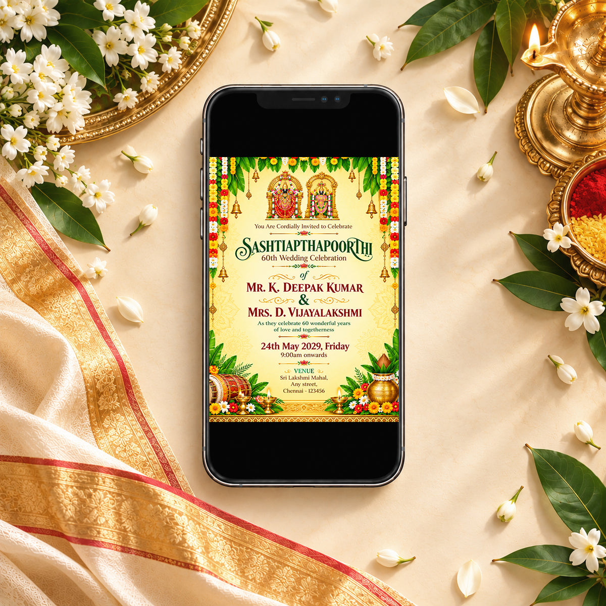 Ornate Hindu 60th Wedding Anniversary Invitation | Sashtiapthapoorthi
