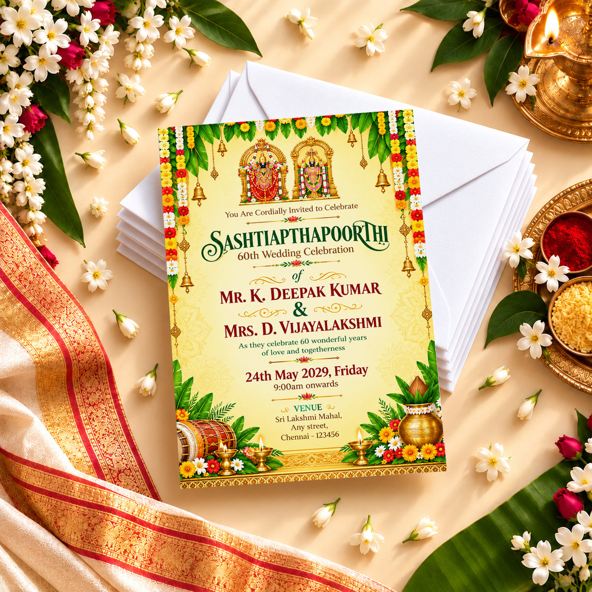 Ornate Hindu 60th Wedding Anniversary Invitation | Sashtiapthapoorthi